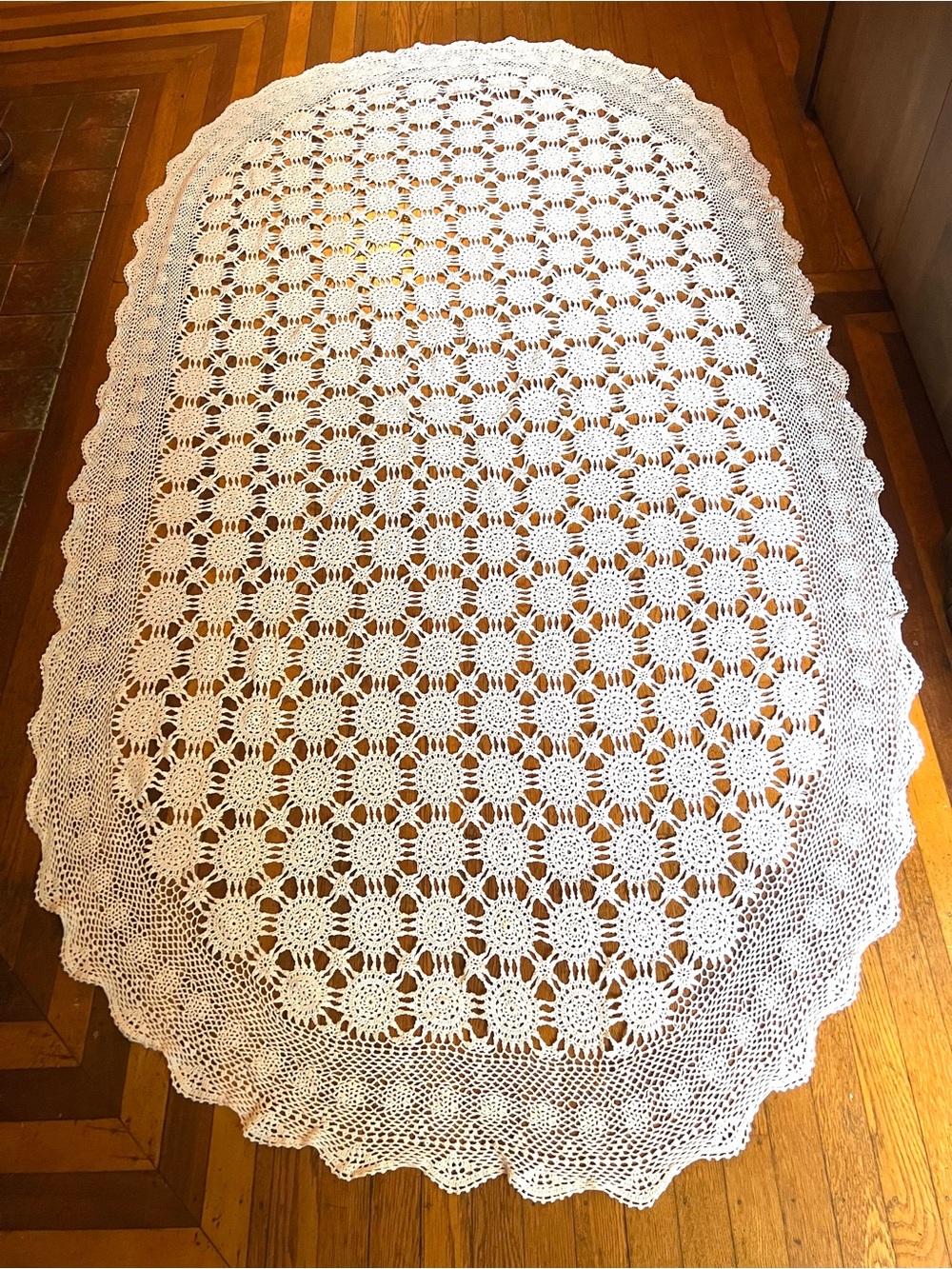 White Crochet Oval Tablecloth - Elegant Home Dining Accent 97 inches long by